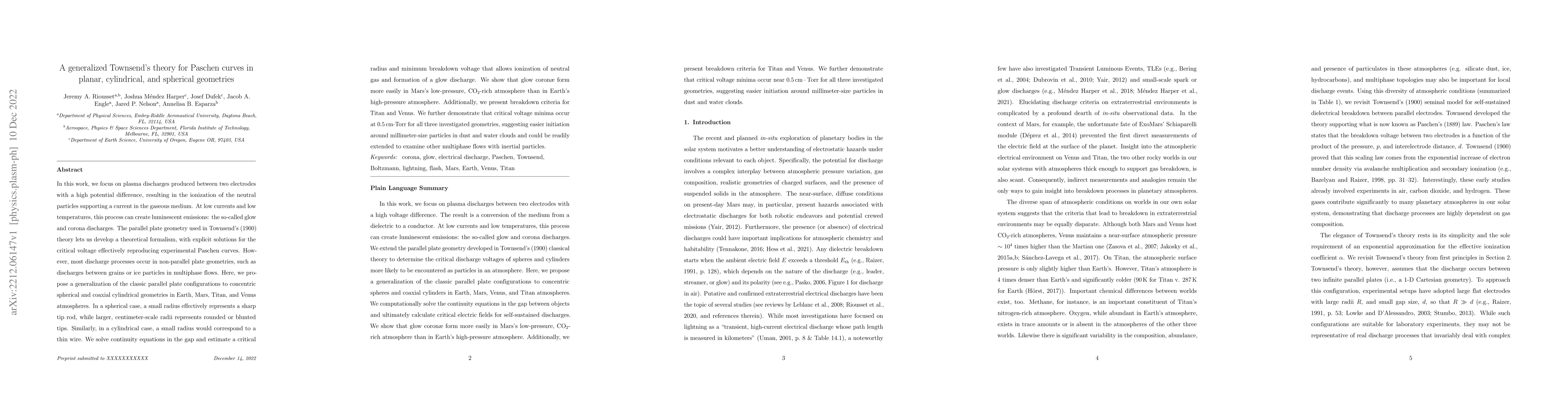Thumbnail for A generalized Townsend's theory for Paschen curves in planar,
  cylindrical, and spherical geometries