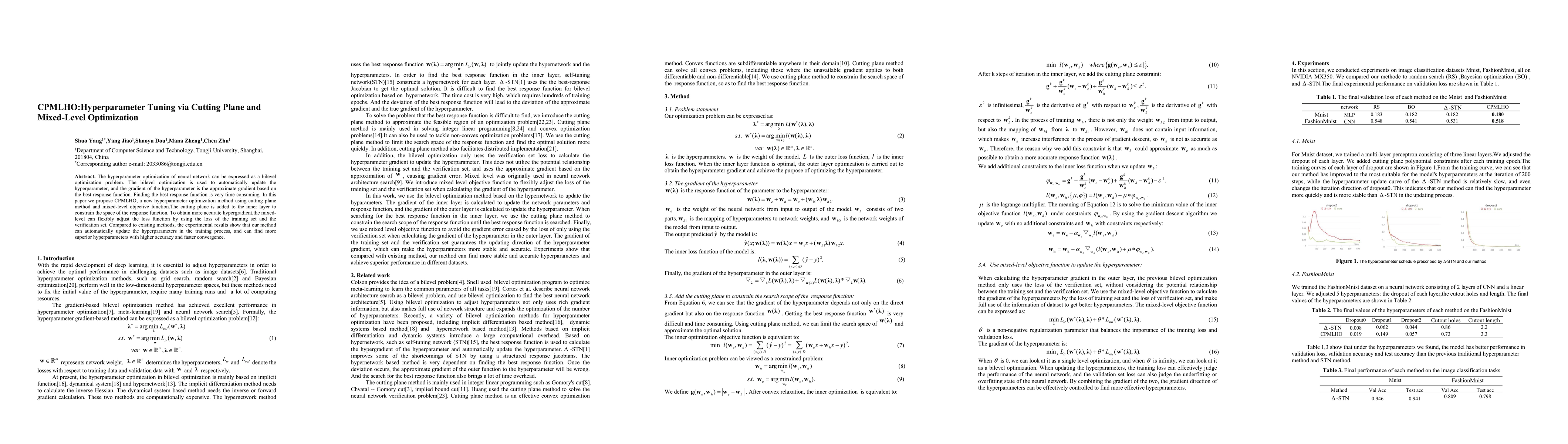 Thumbnail for CPMLHO:Hyperparameter Tuning via Cutting Plane and Mixed-Level
  Optimization