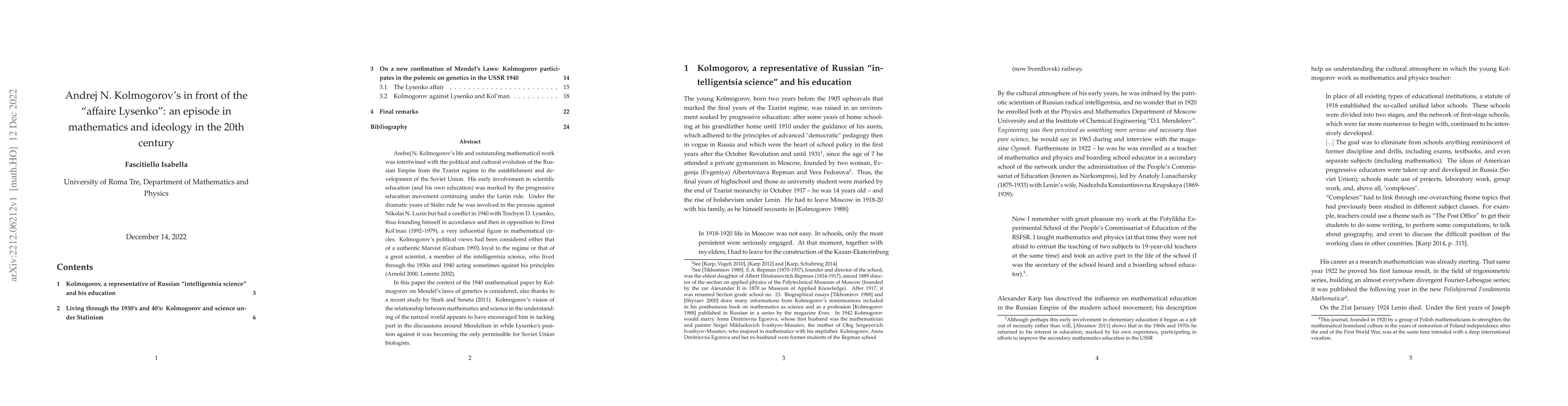 Thumbnail for Andrej N. Kolmogorov's in front of the affaire Lysenko: an episode in
  mathematics and ideology in the 20th century