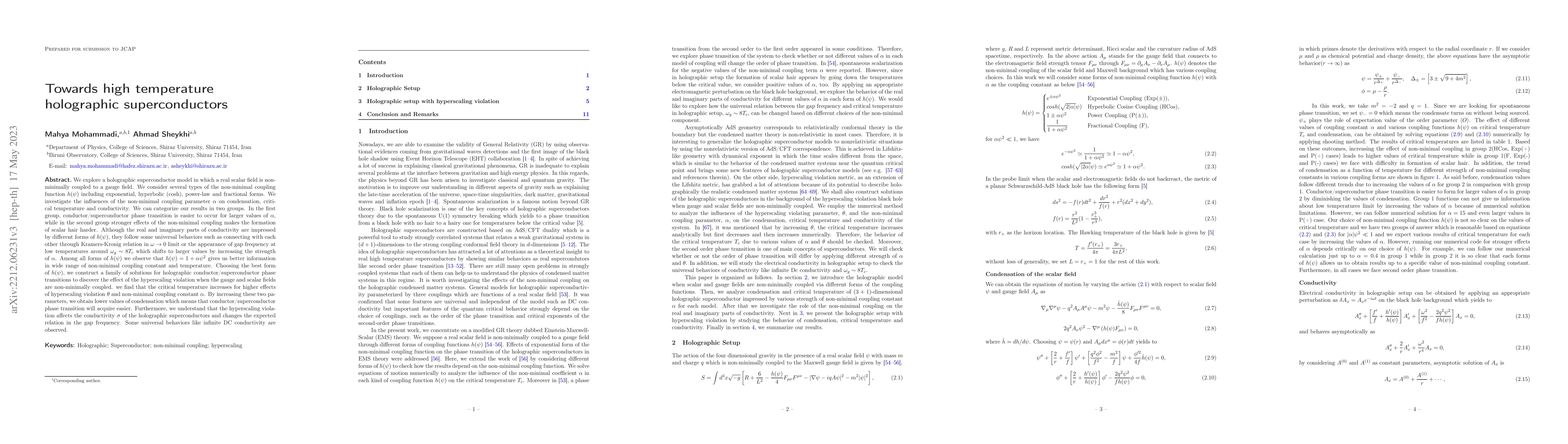 Thumbnail for Towards high temperature holographic superconductors