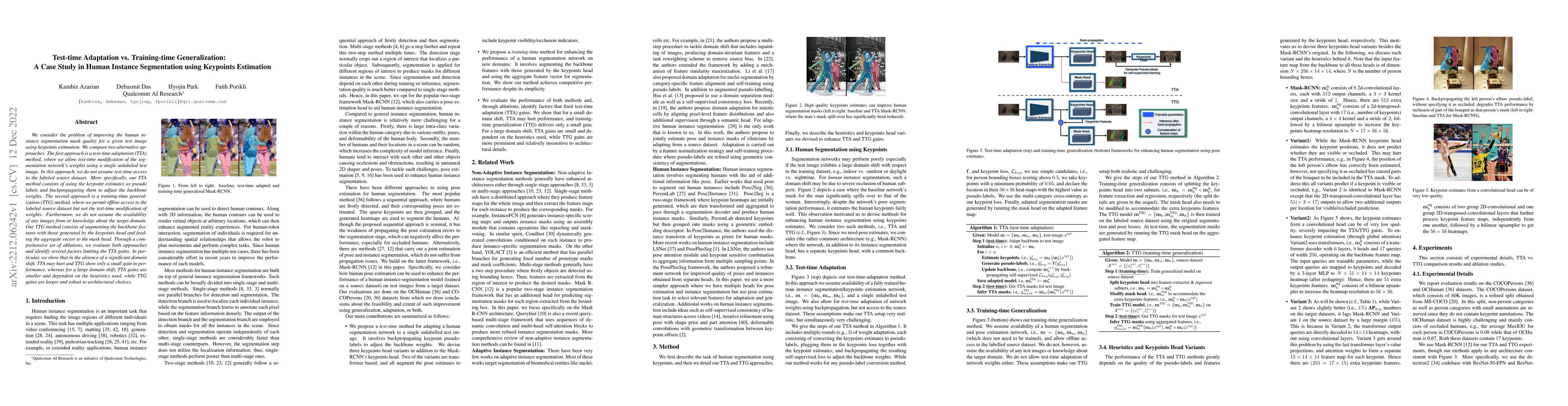 Thumbnail for Test-time Adaptation vs. Training-time Generalization: A Case Study in
  Human Instance Segmentation using Keypoints Estimation