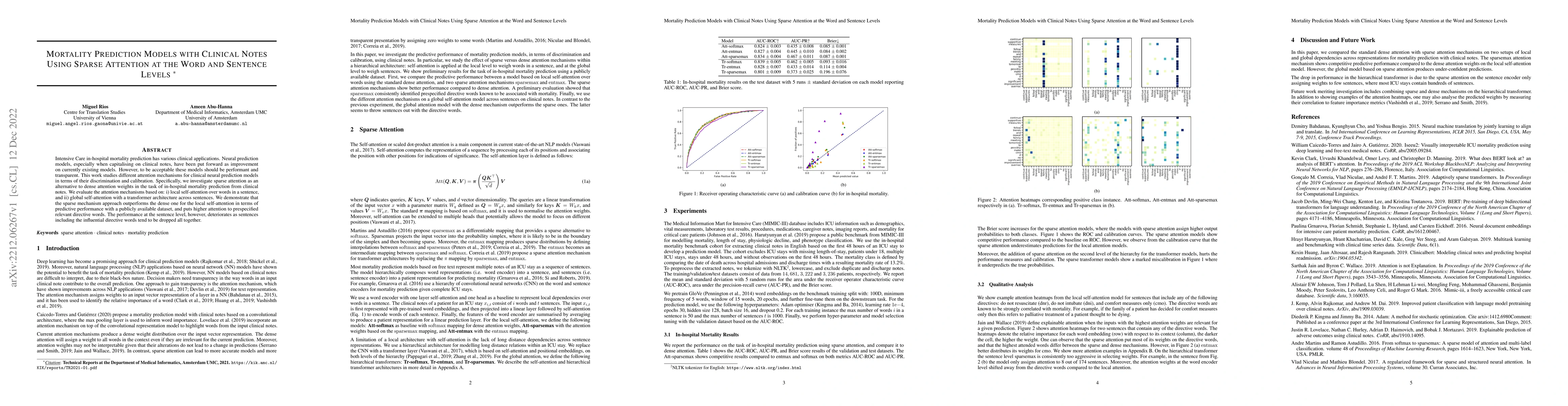 Thumbnail for Mortality Prediction Models with Clinical Notes Using Sparse Attention
  at the Word and Sentence Levels
