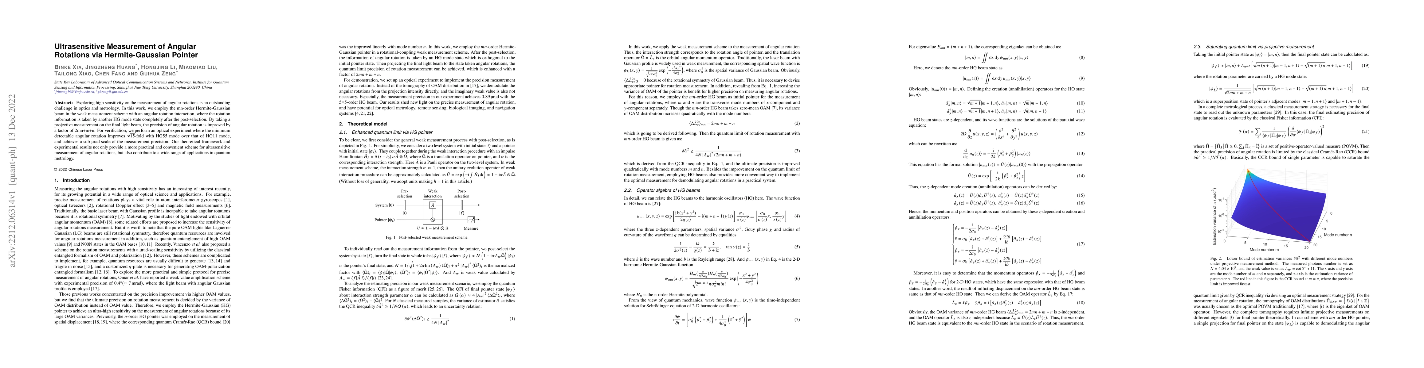 Thumbnail for Ultrasensitive Measurement of Angular Rotations via Hermite-Gaussian
  Pointer