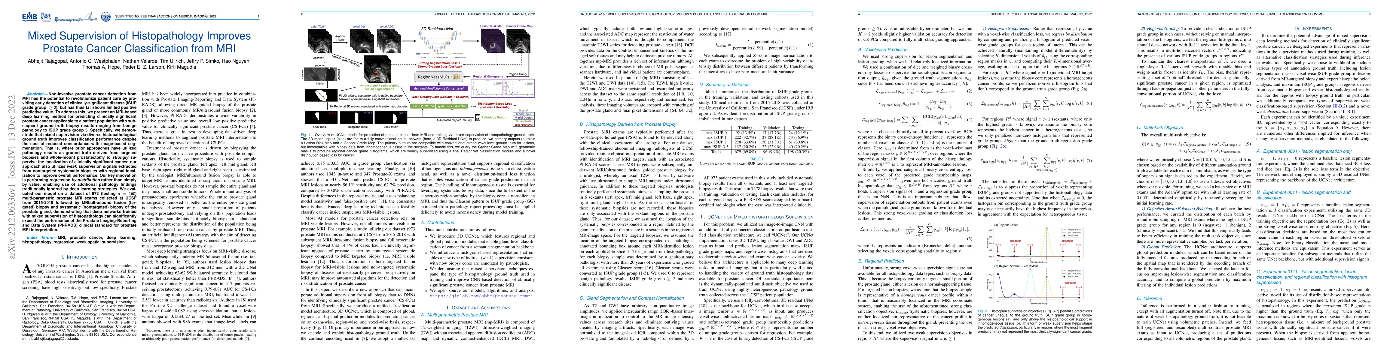 Thumbnail for Mixed Supervision of Histopathology Improves Prostate Cancer
  Classification from MRI