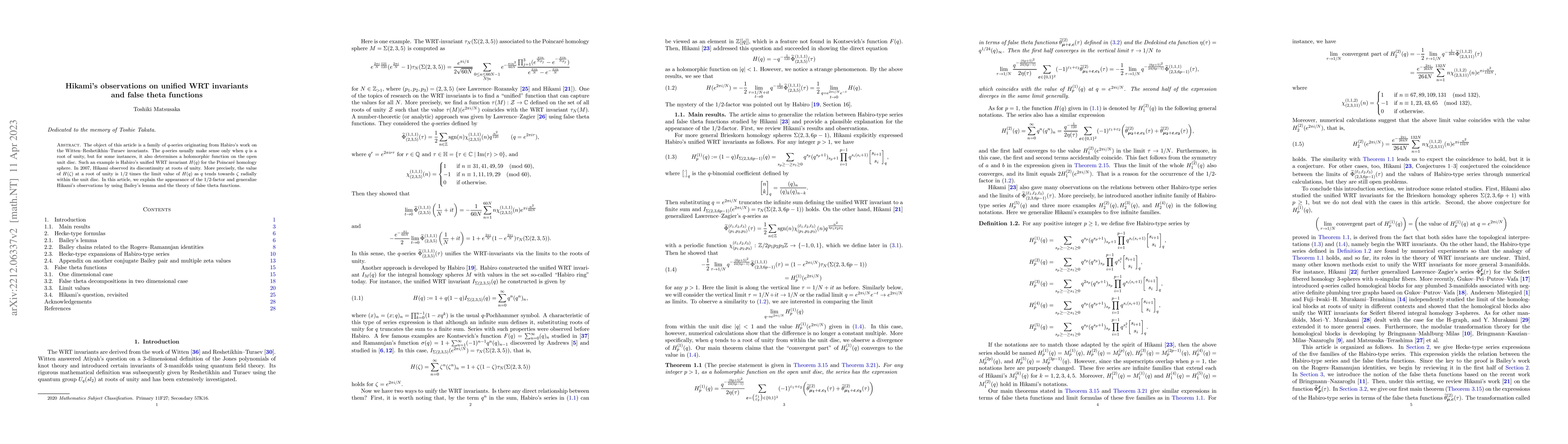 Thumbnail for Hikami's observations on unified WRT invariants and false theta
  functions