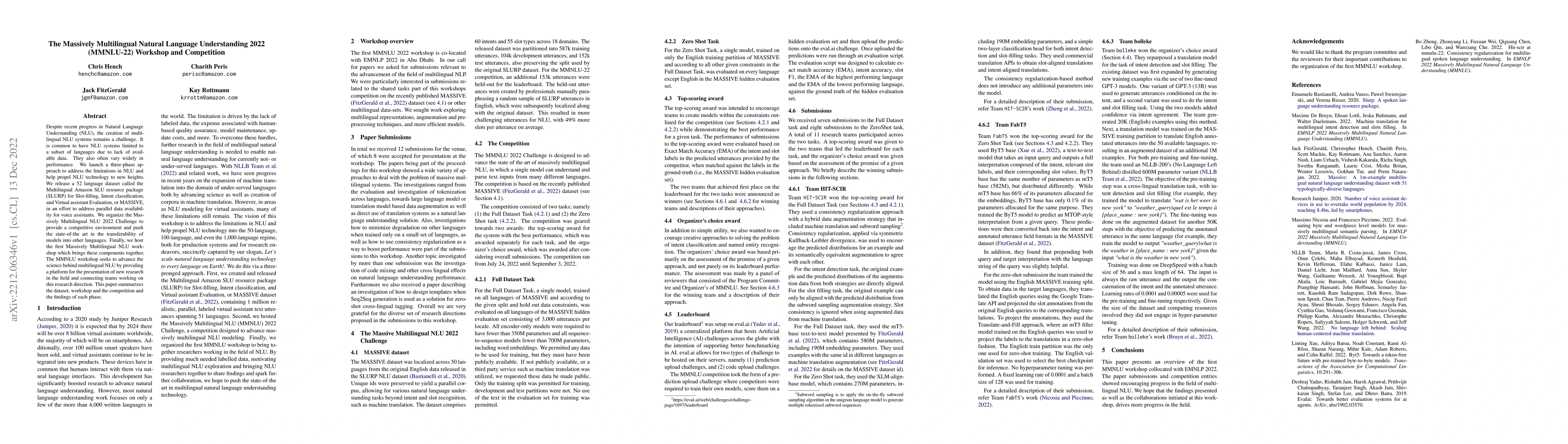 Thumbnail for The Massively Multilingual Natural Language Understanding 2022
  (MMNLU-22) Workshop and Competition