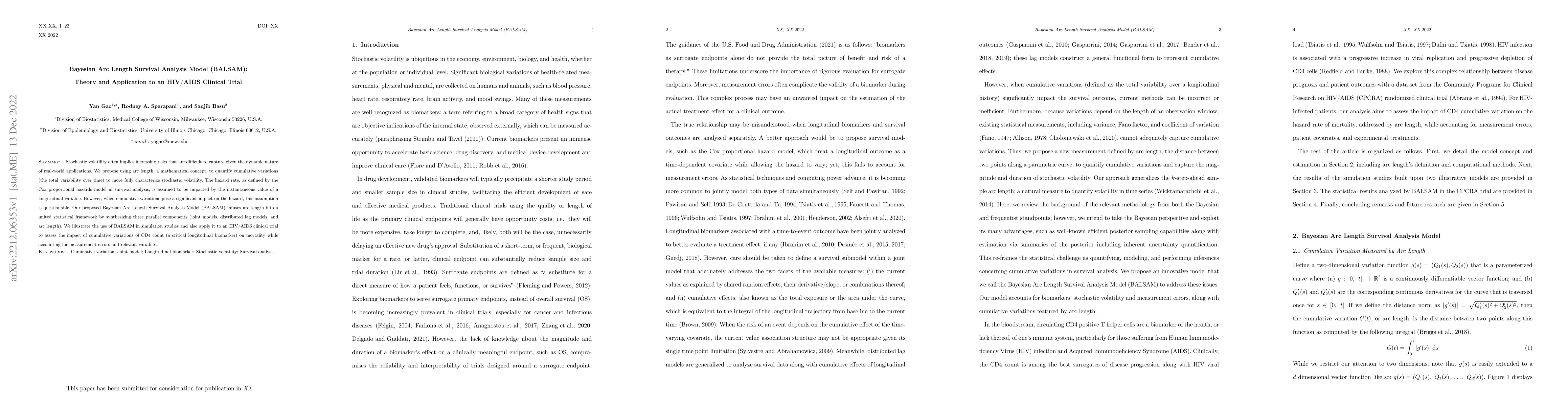 Thumbnail for Bayesian Arc Length Survival Analysis Model (BALSAM): Theory and
  Application to an HIV/AIDS Clinical Trial