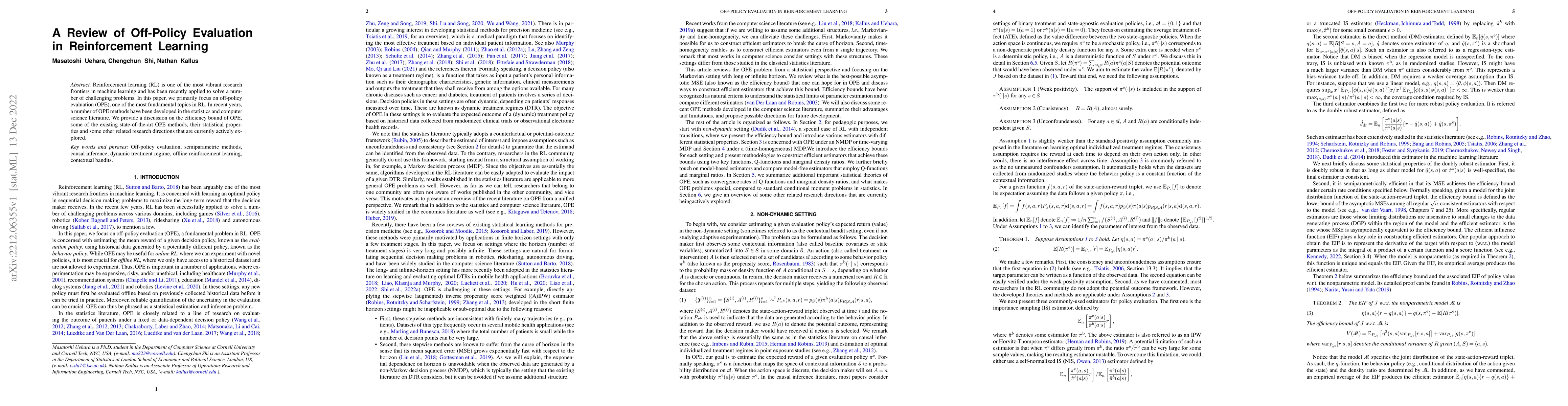 Thumbnail for A Review of Off-Policy Evaluation in Reinforcement Learning