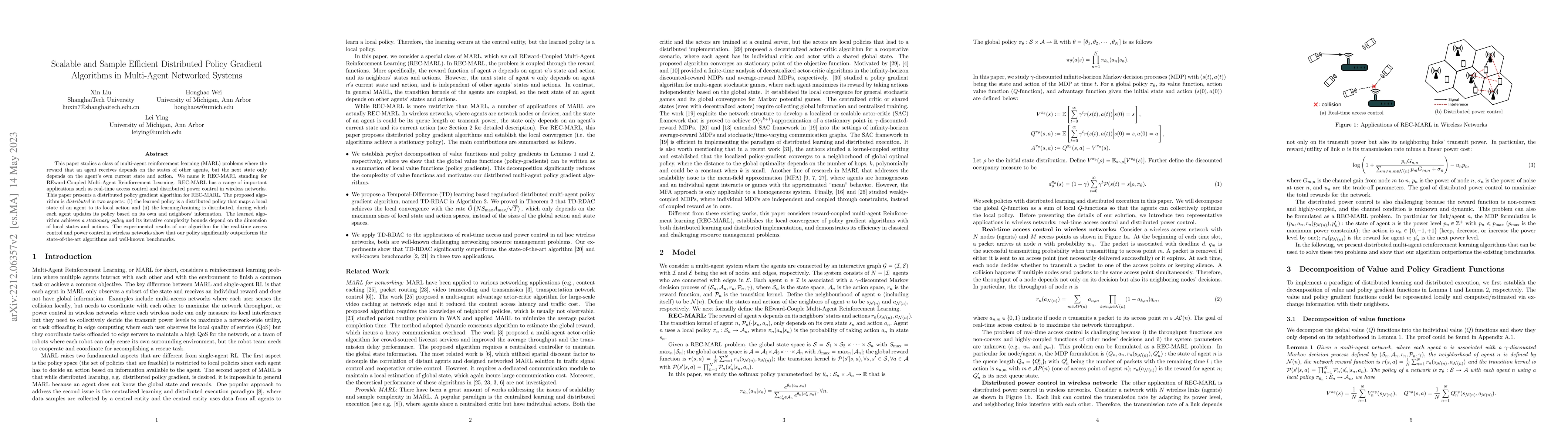 Thumbnail for Scalable and Sample Efficient Distributed Policy Gradient Algorithms in
  Multi-Agent Networked Systems