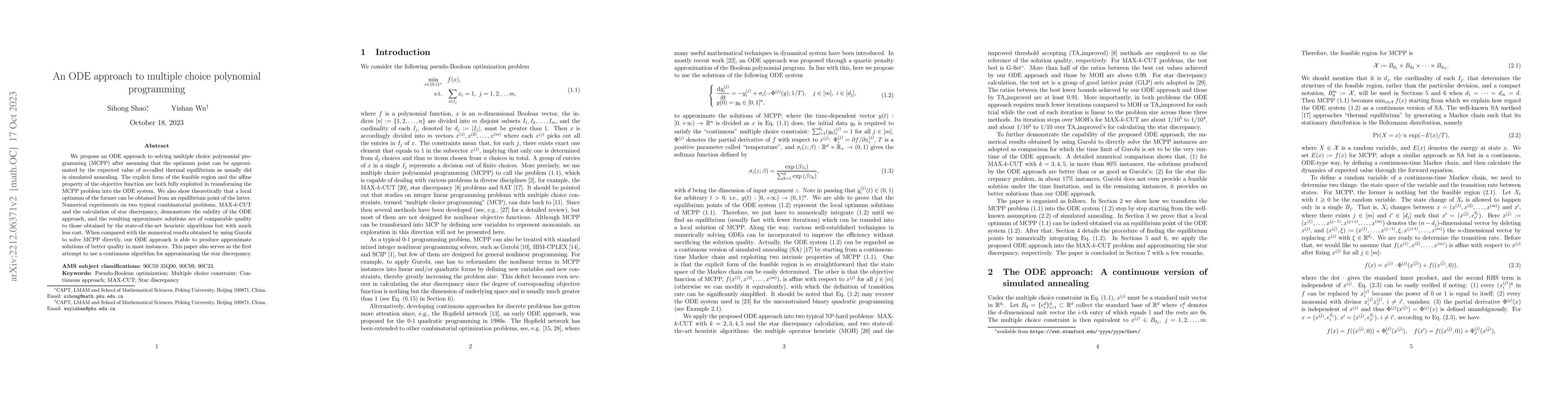 Thumbnail for An ODE approach to multiple choice polynomial programming