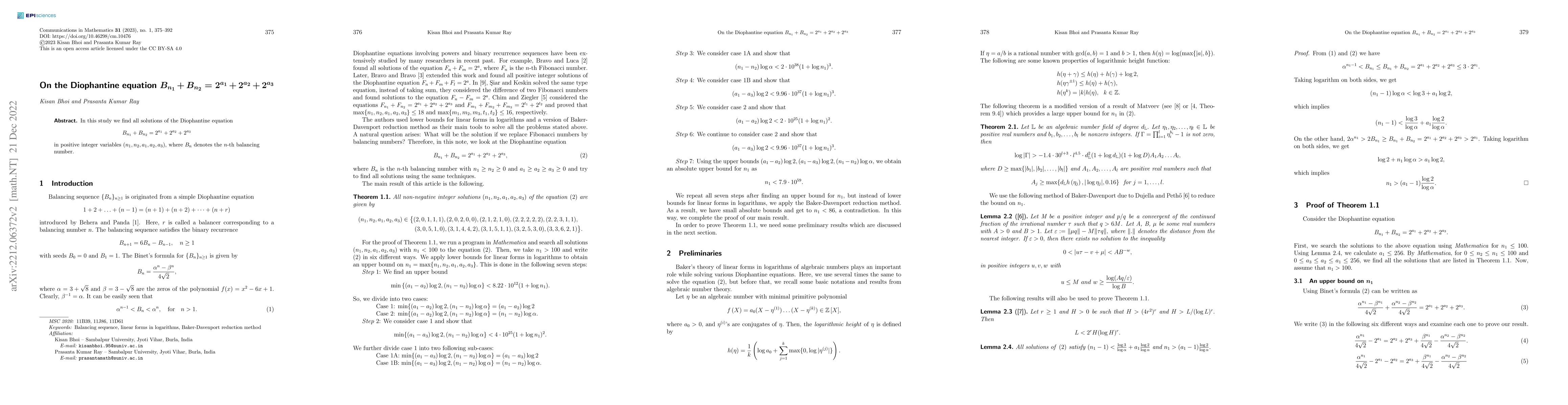 Thumbnail for On the Diophantine equation
  $B_{n_{1}}+B_{n_{2}}=2^{a_{1}}+2^{a_{2}}+2^{a_{3}}$