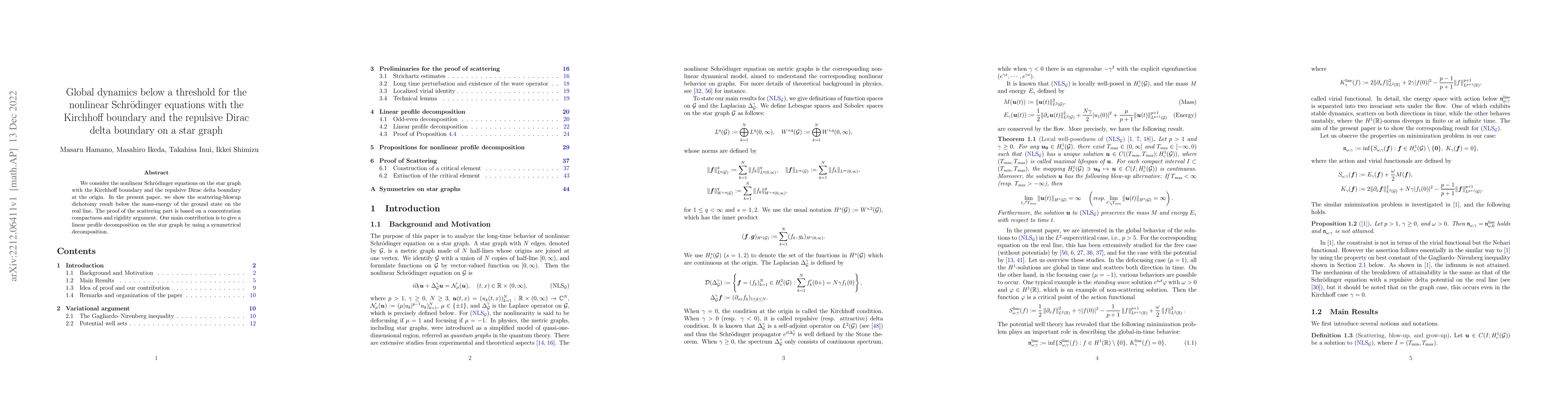 Thumbnail for Global dynamics below a threshold for the nonlinear Schr\"odinger
  equations with the Kirchhoff boundary and the repulsive Dirac delta boundary
  on a star graph