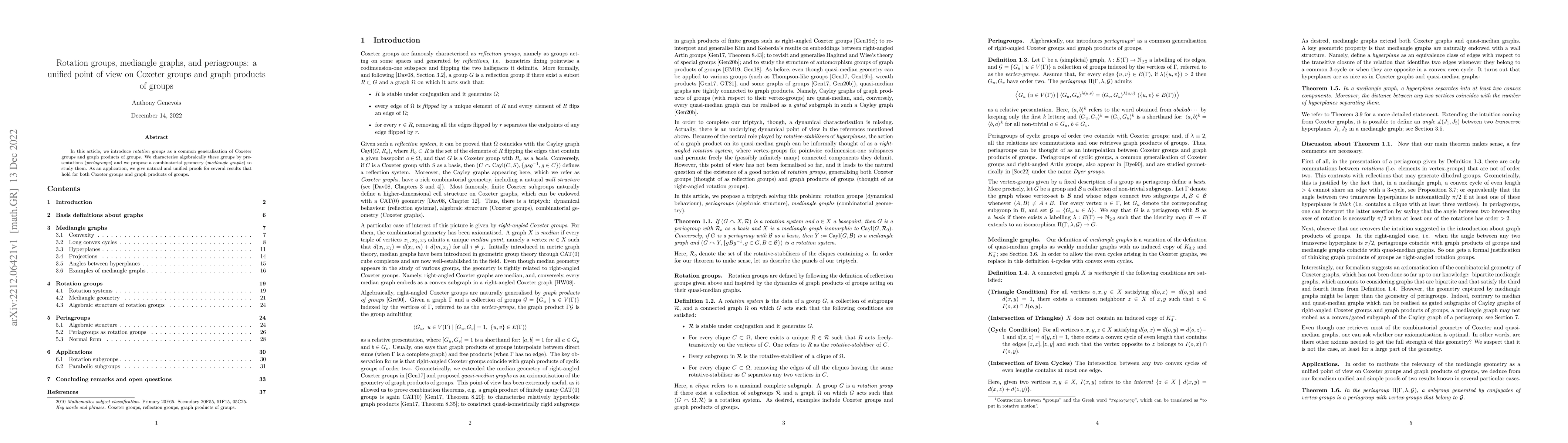 Thumbnail for Rotation groups, mediangle graphs, and periagroups: a unified point of
  view on Coxeter groups and graph products of groups