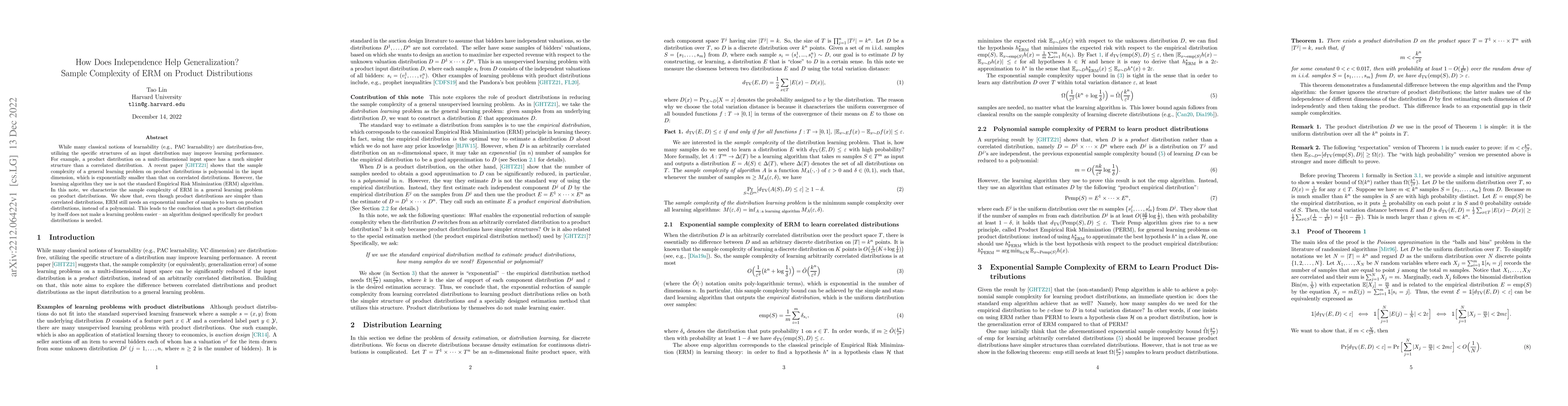 Thumbnail for How Does Independence Help Generalization? Sample Complexity of ERM on
  Product Distributions