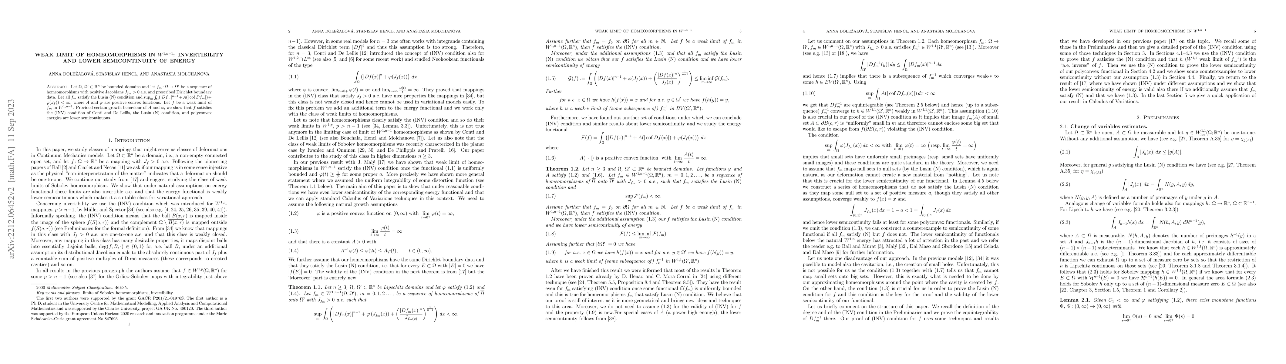 Thumbnail for Weak limit of homeomorphisms in $W^{1,n-1}$: invertibility and lower
  semicontinuity of energy