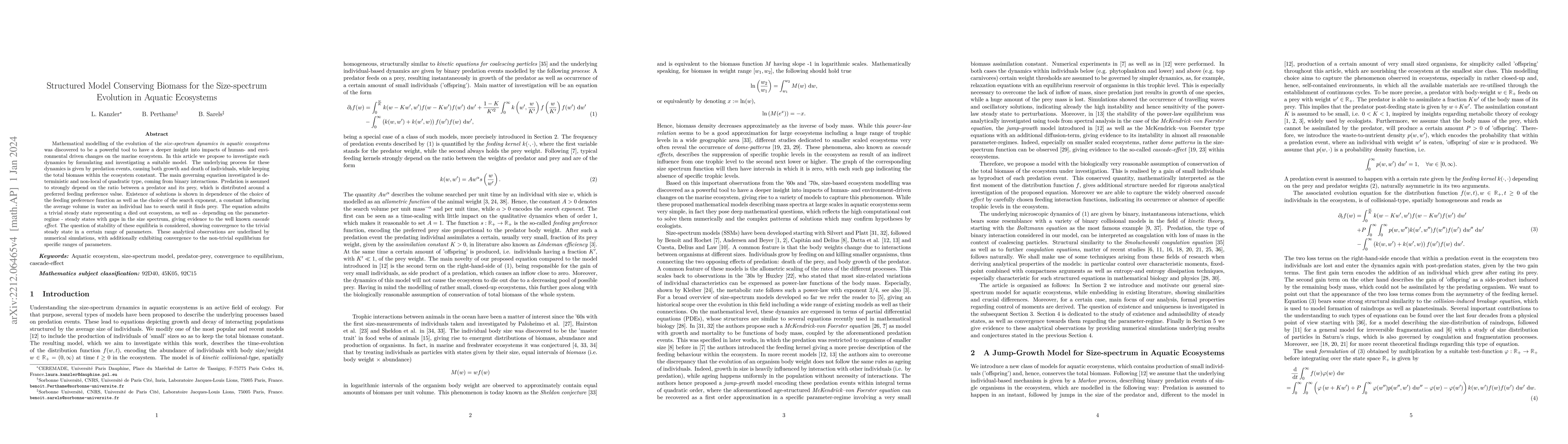 Thumbnail for Structured Model Conserving Biomass for the Size-spectrum Evolution in
  Aquatic Ecosystems