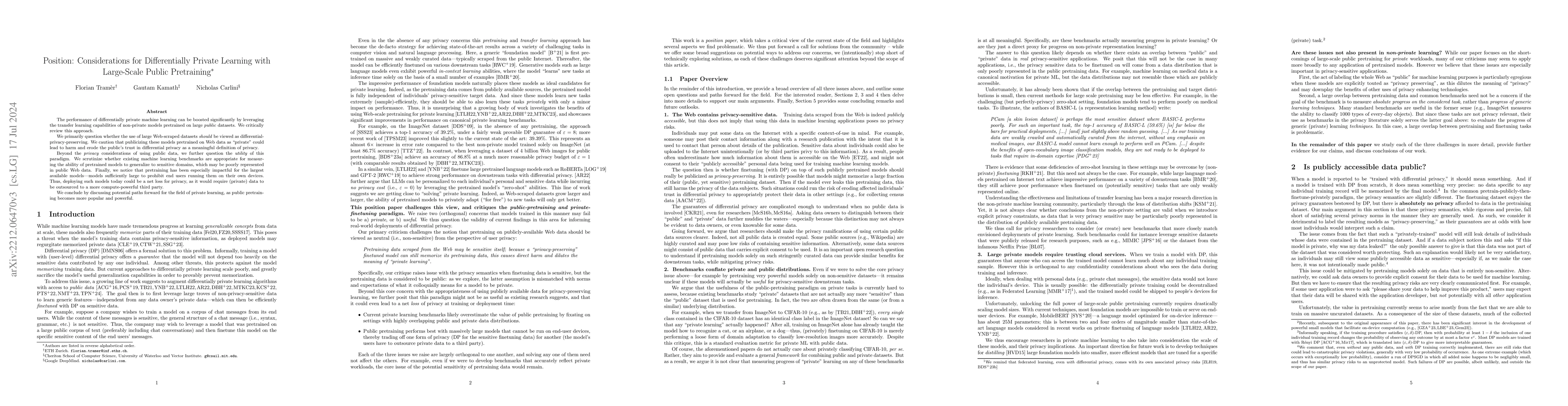 Thumbnail for Position: Considerations for Differentially Private Learning with
  Large-Scale Public Pretraining