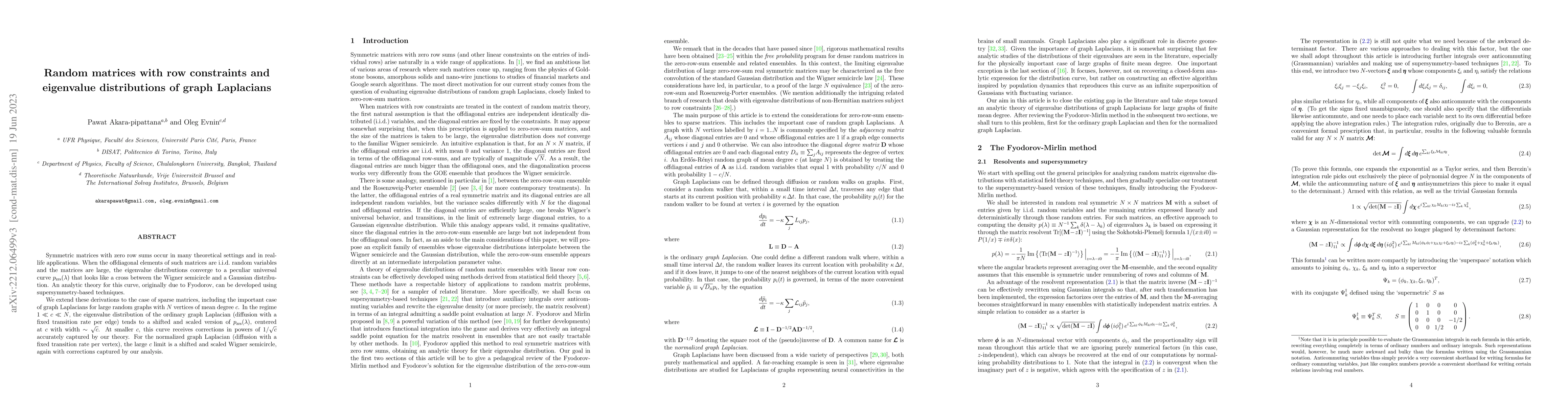 Thumbnail for Random matrices with row constraints and eigenvalue distributions of
  graph Laplacians