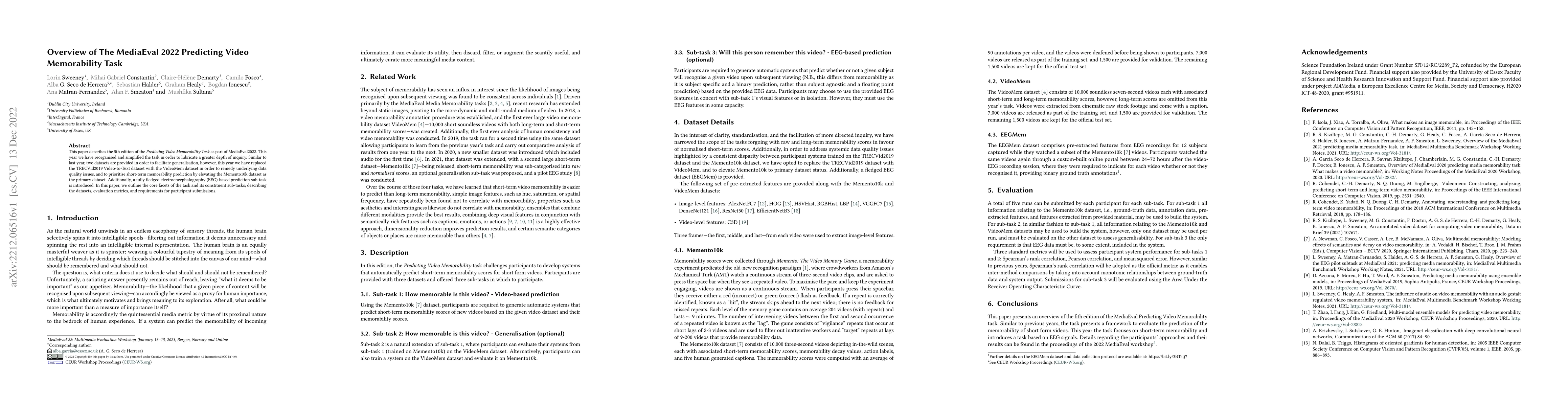 Thumbnail for Overview of The MediaEval 2022 Predicting Video Memorability Task