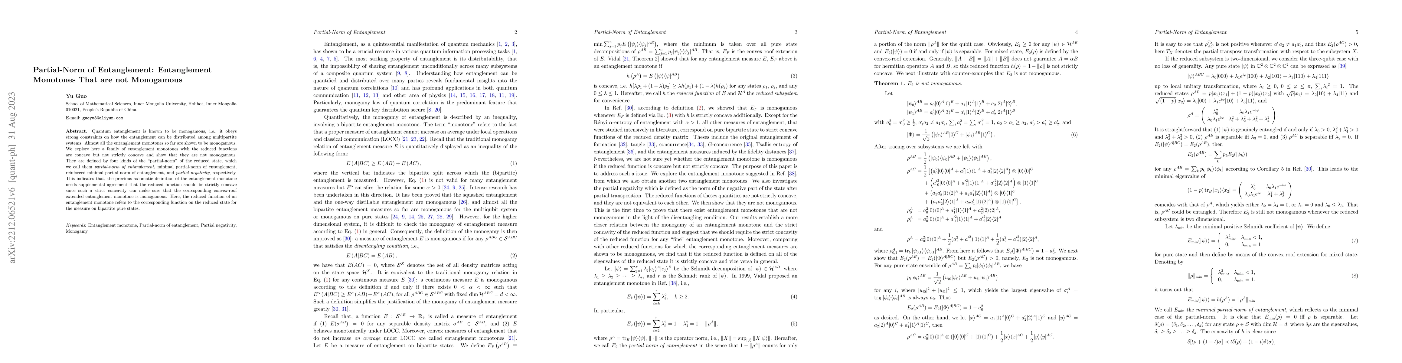 Thumbnail for Partial-Norm of Entanglement: Entanglement Monotones That are not
  Monogamous