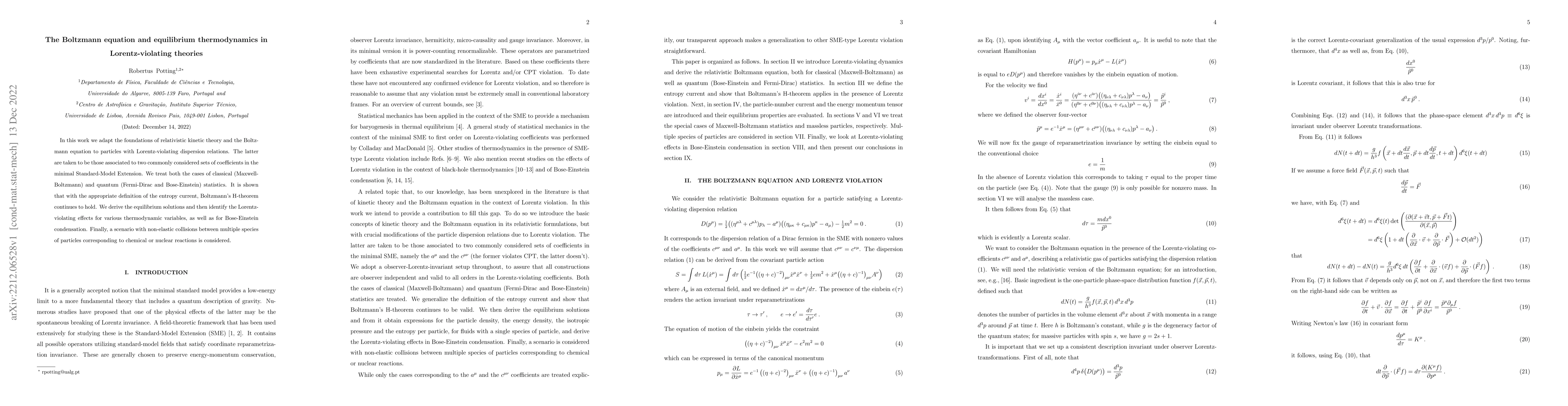 Thumbnail for The Boltzmann equation and equilibrium thermodynamics in
  Lorentz-violating theories