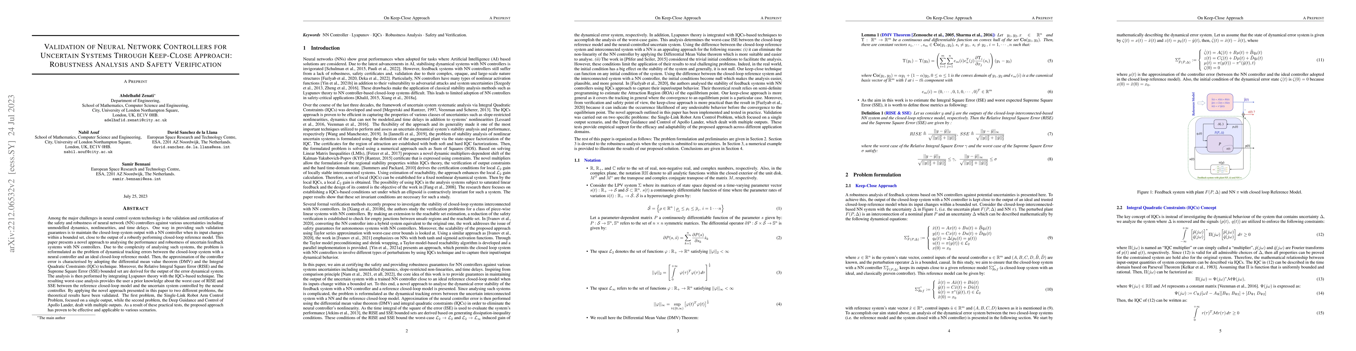 Thumbnail for Validation of Neural Network Controllers for Uncertain Systems Through
  Keep-Close Approach: Robustness Analysis and Safety Verification
