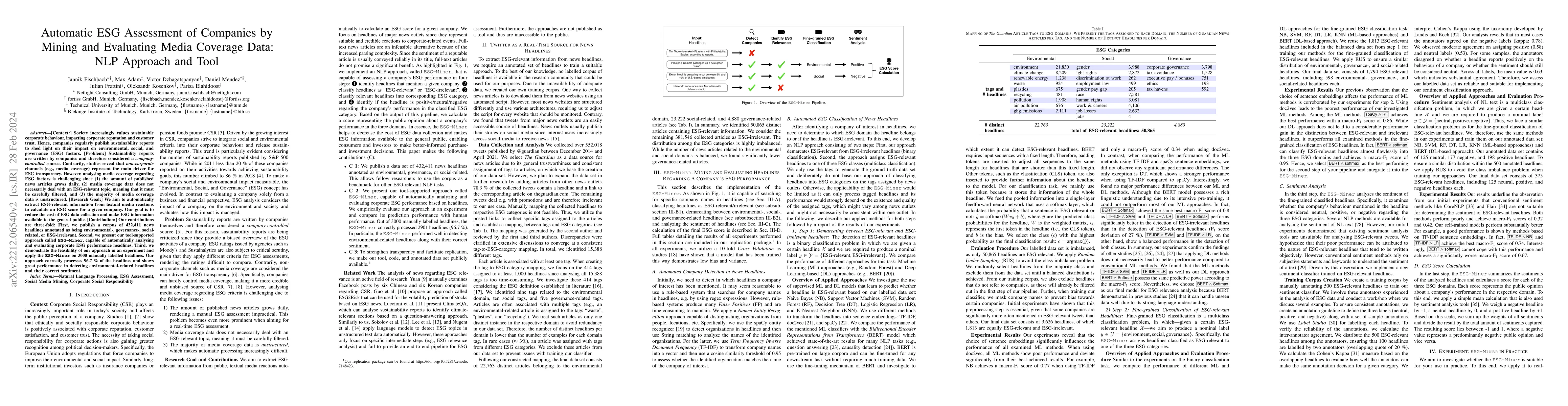 Thumbnail for Automatic ESG Assessment of Companies by Mining and Evaluating Media
  Coverage Data: NLP Approach and Tool