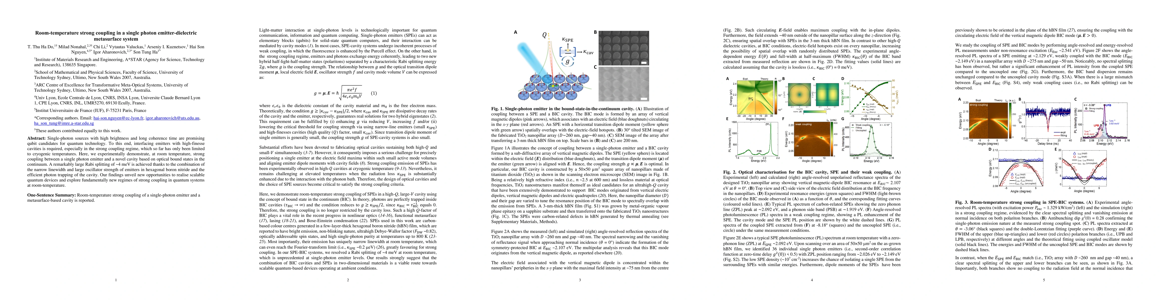 Thumbnail for Room-temperature strong coupling in a single photon emitter-dielectric
  metasurface system