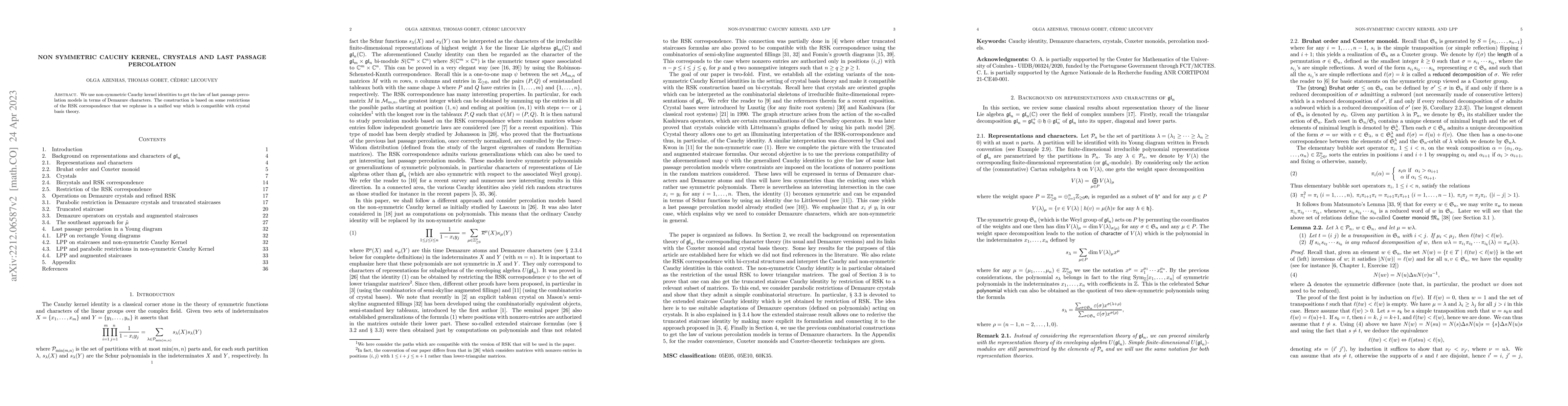 Thumbnail for Non symmetric Cauchy kernel, crystals and last passage percolation