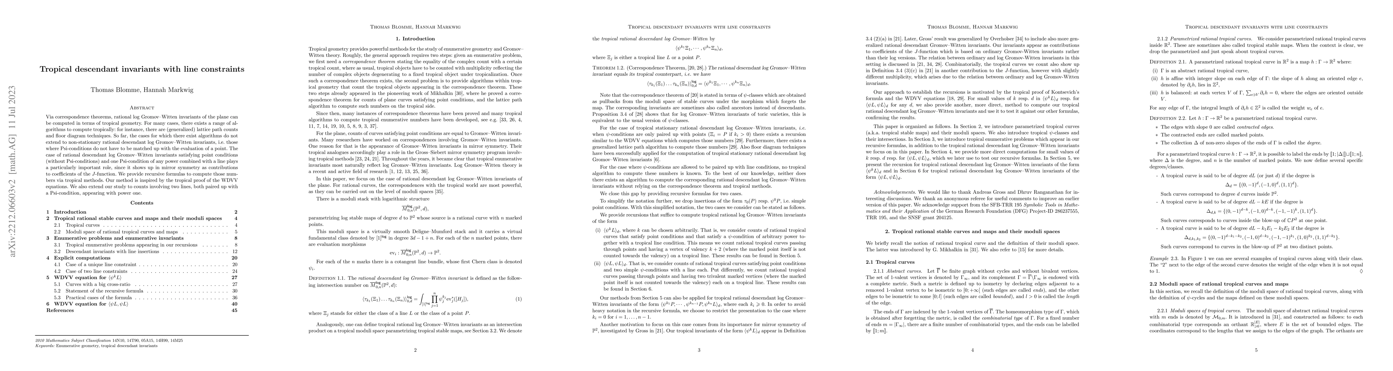 Thumbnail for Tropical descendant invariants with line constraints