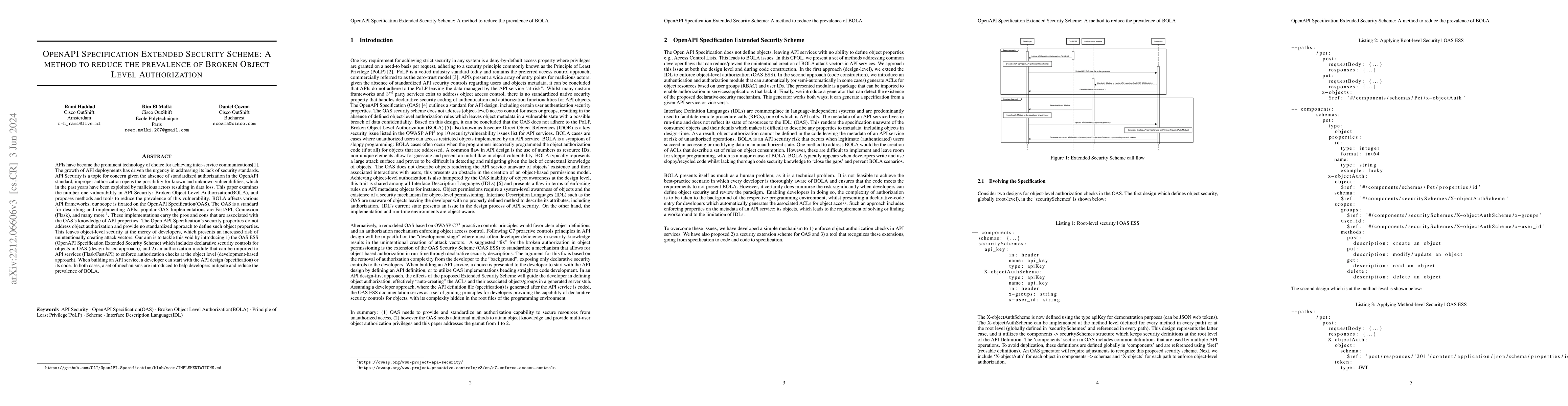 Thumbnail for OpenAPI Specification Extended Security Scheme: A method to reduce the
  prevalence of Broken Object Level Authorization