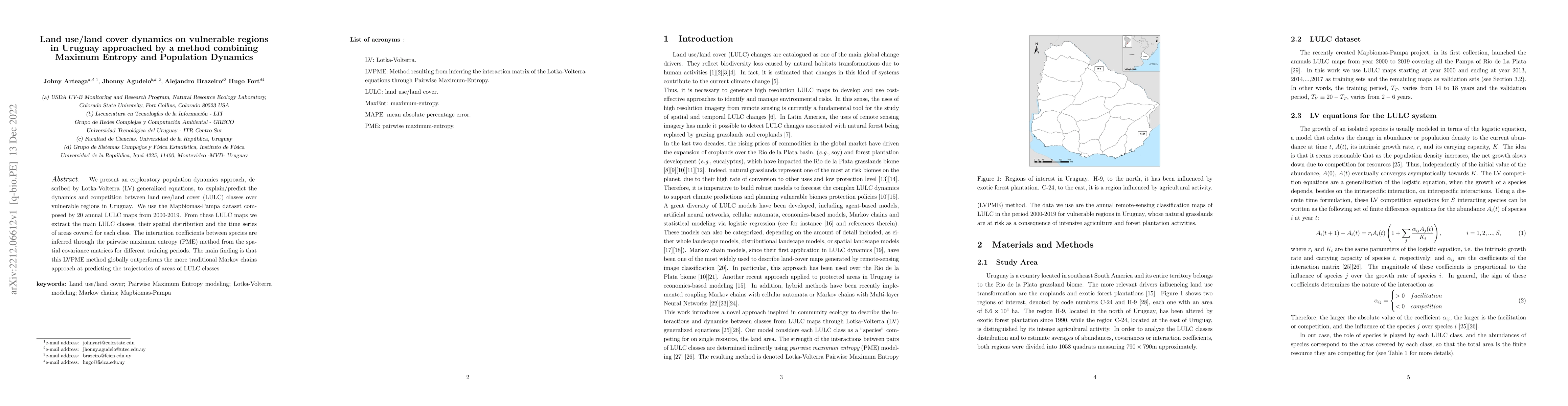 Thumbnail for Land use/land cover dynamics on vulnerable regions in Uruguay approached
  by a method combining Maximum Entropy and Population Dynamics