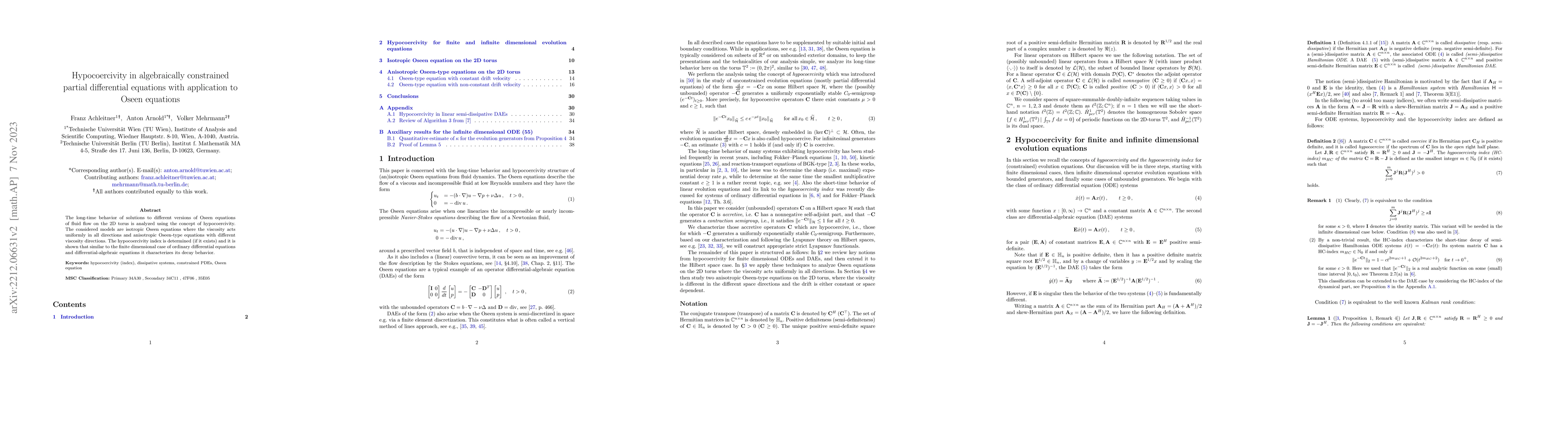 Thumbnail for Hypocoercivity in algebraically constrained partial differential
  equations with application to Oseen equations