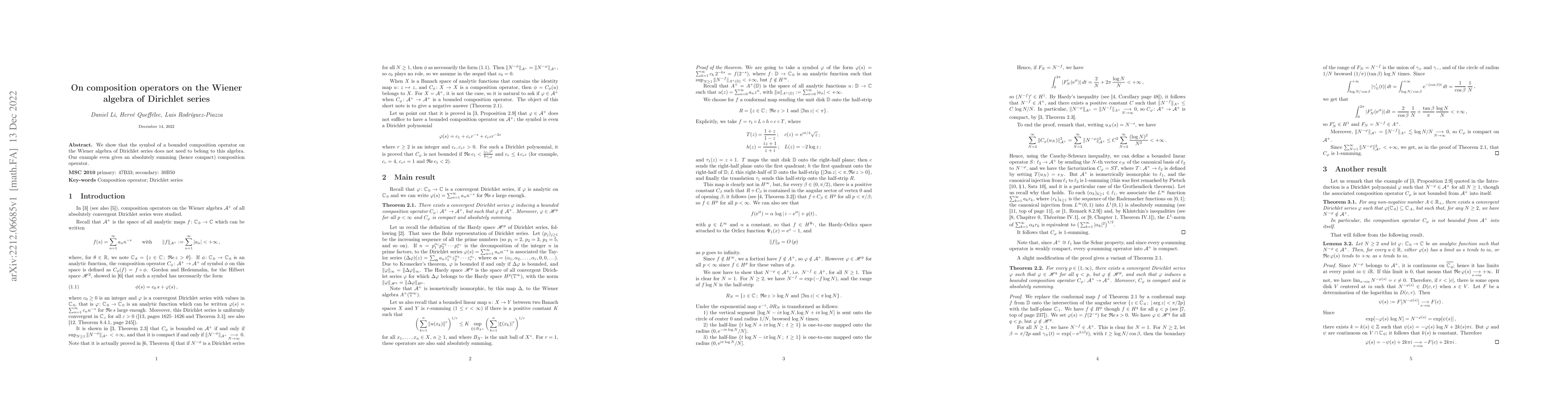 Thumbnail for On composition operators on the Wiener algebra of Dirichlet series