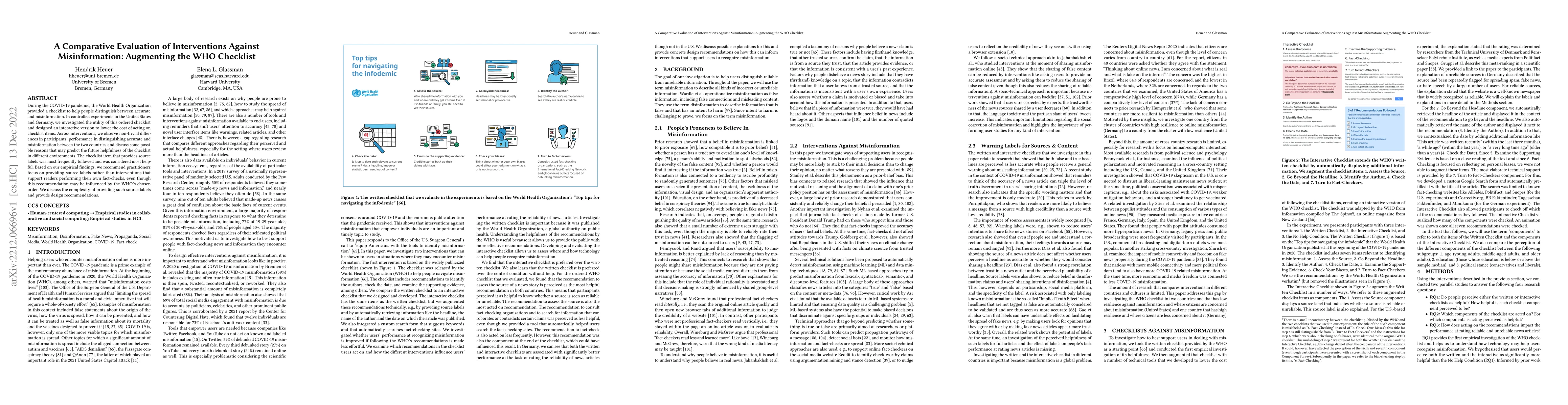 Thumbnail for A Comparative Evaluation of Interventions Against Misinformation:
  Augmenting the WHO Checklist