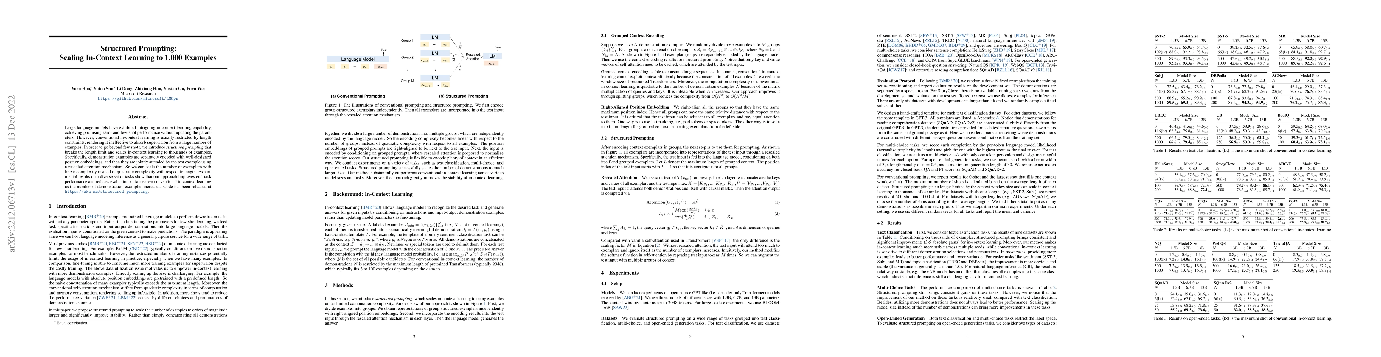 Thumbnail for Structured Prompting: Scaling In-Context Learning to 1,000 Examples