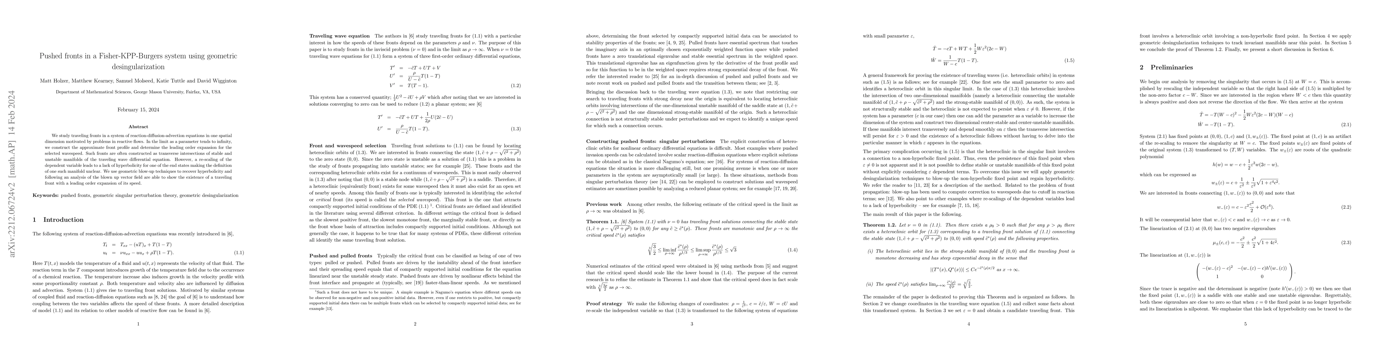 Thumbnail for Pushed fronts in a Fisher-KPP-Burgers system using geometric
  desingularization