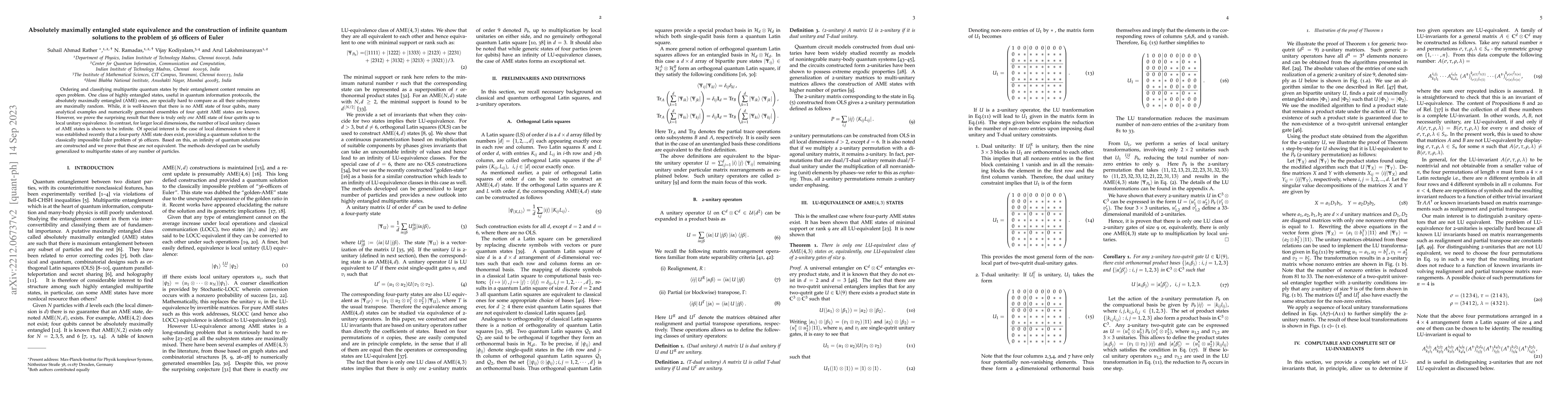 Thumbnail for Absolutely maximally entangled state equivalence and the construction of
  infinite quantum solutions to the problem of 36 officers of Euler