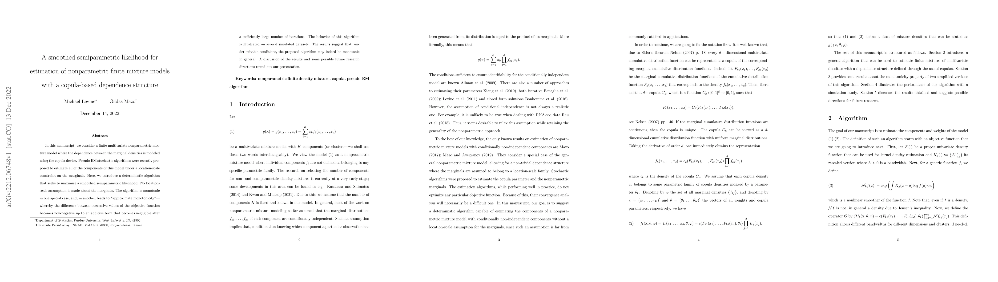 Thumbnail for A smoothed semiparametric likelihood for estimation of nonparametric
  finite mixture models with a copula-based dependence structure