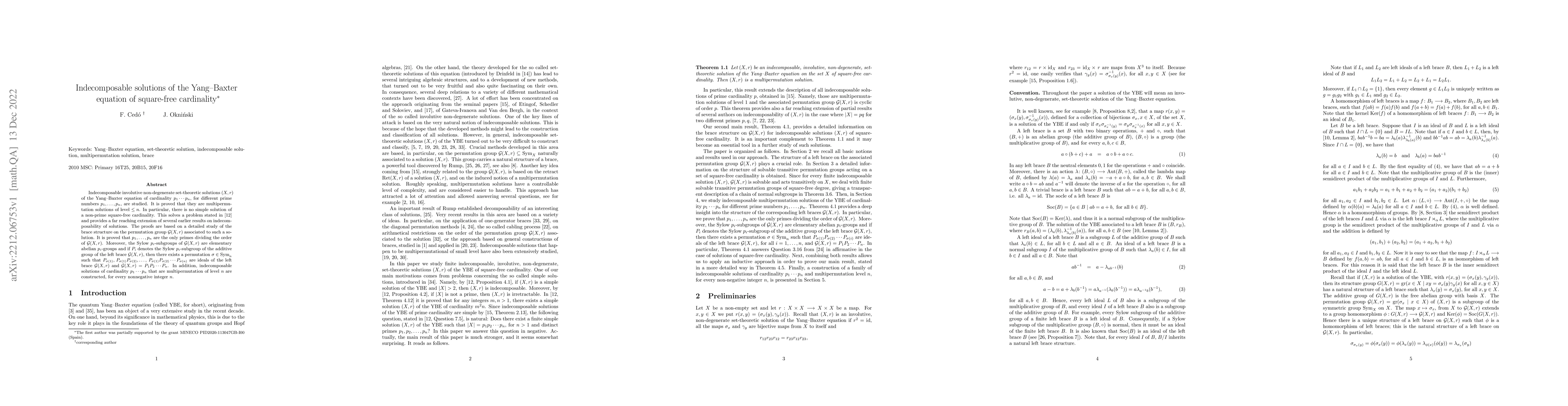 Thumbnail for Indecomposable solutions of the Yang-Baxter equation of square-free
  cardinality