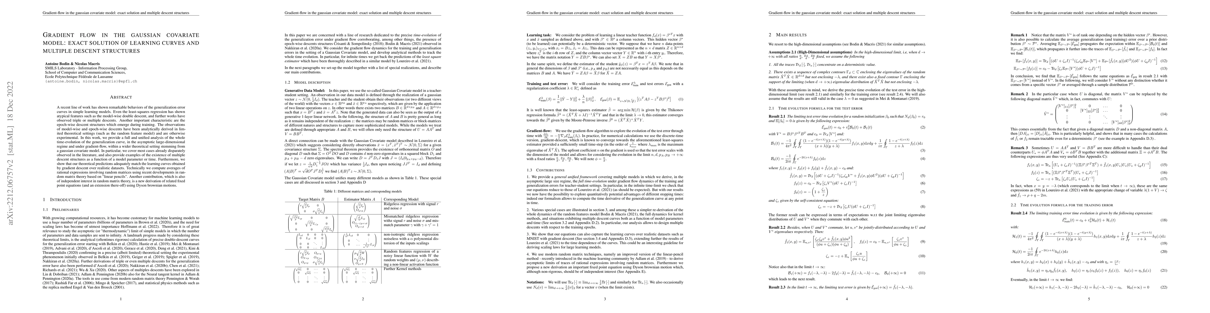 Thumbnail for Gradient flow in the gaussian covariate model: exact solution of
  learning curves and multiple descent structures