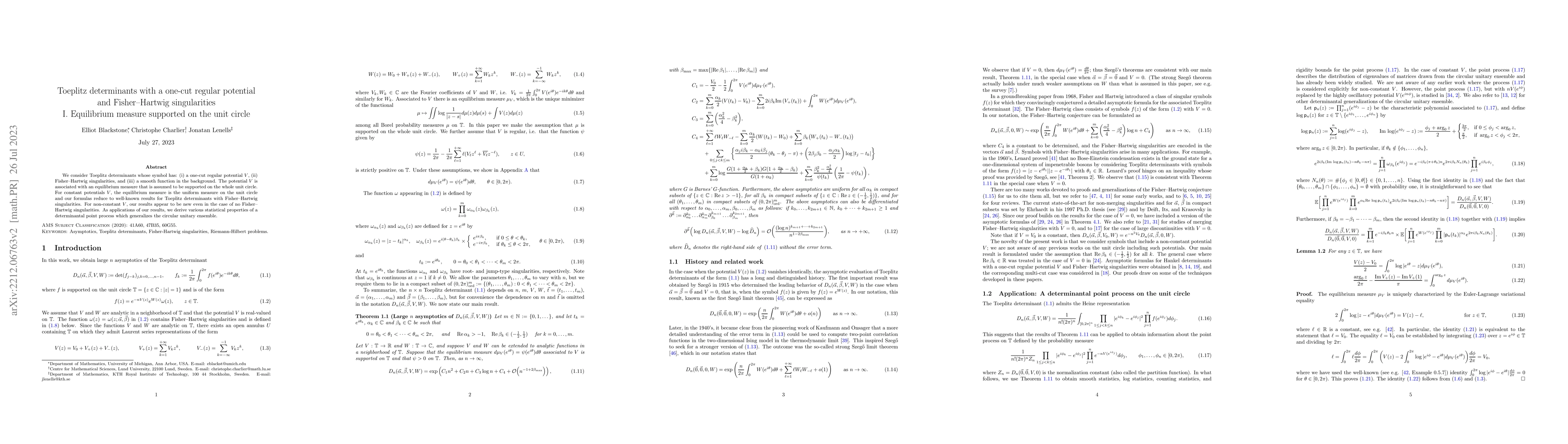Thumbnail for Toeplitz determinants with a one-cut regular potential and
  Fisher--Hartwig singularities I. Equilibrium measure supported on the unit
  circle