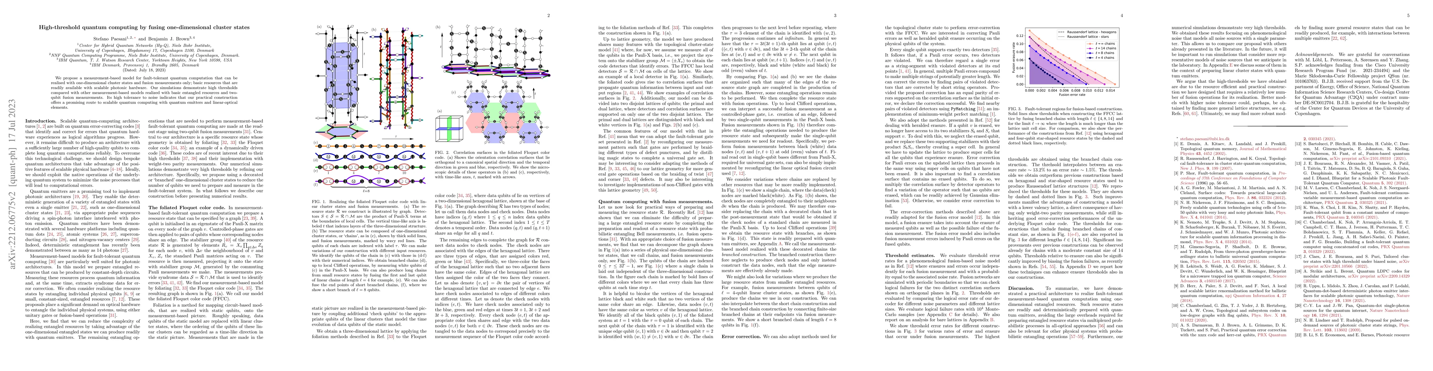 Thumbnail for High-threshold quantum computing by fusing one-dimensional cluster
  states