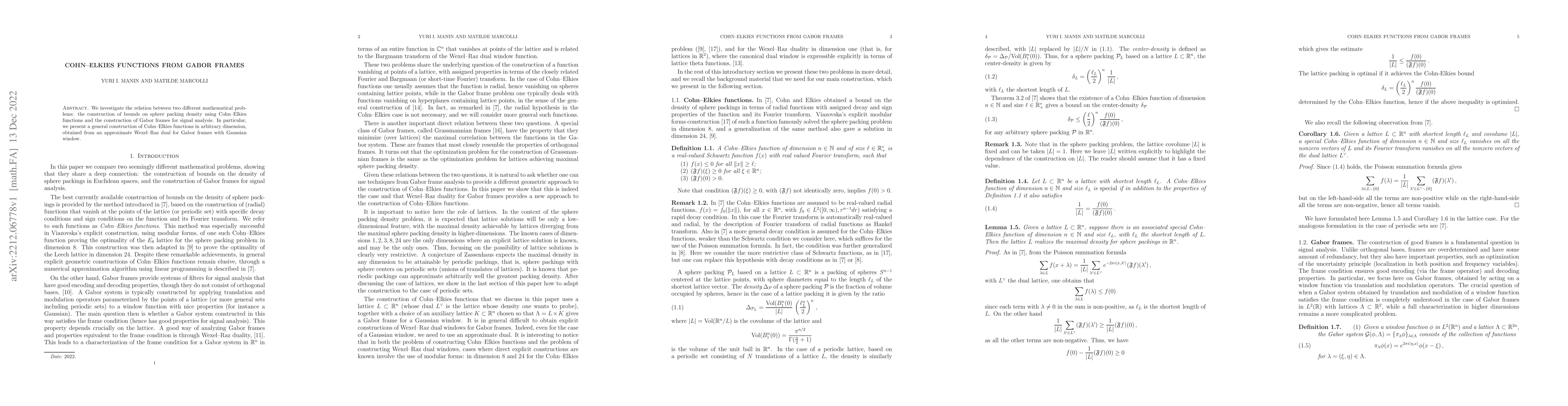 Thumbnail for Cohn-Elkies functions from Gabor frames