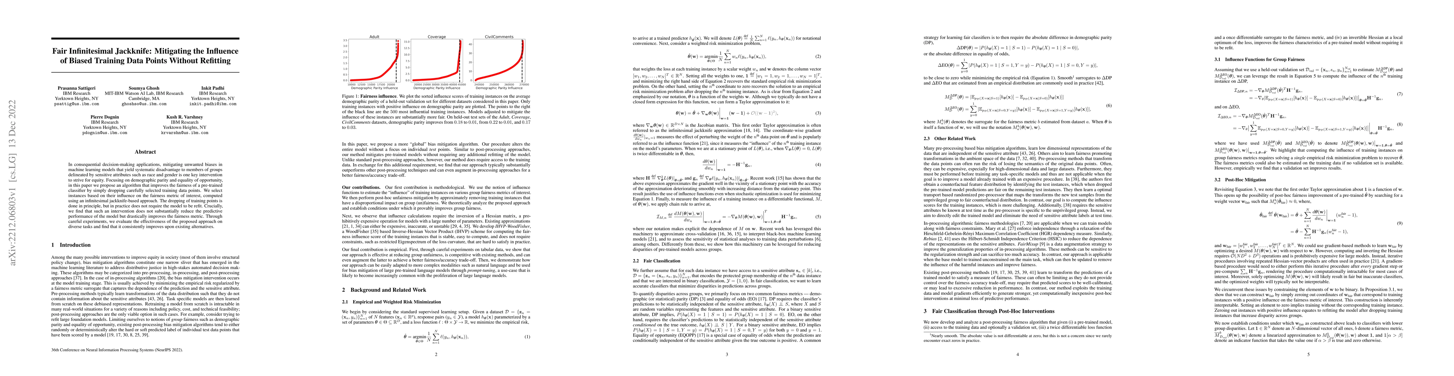 Thumbnail for Fair Infinitesimal Jackknife: Mitigating the Influence of Biased
  Training Data Points Without Refitting