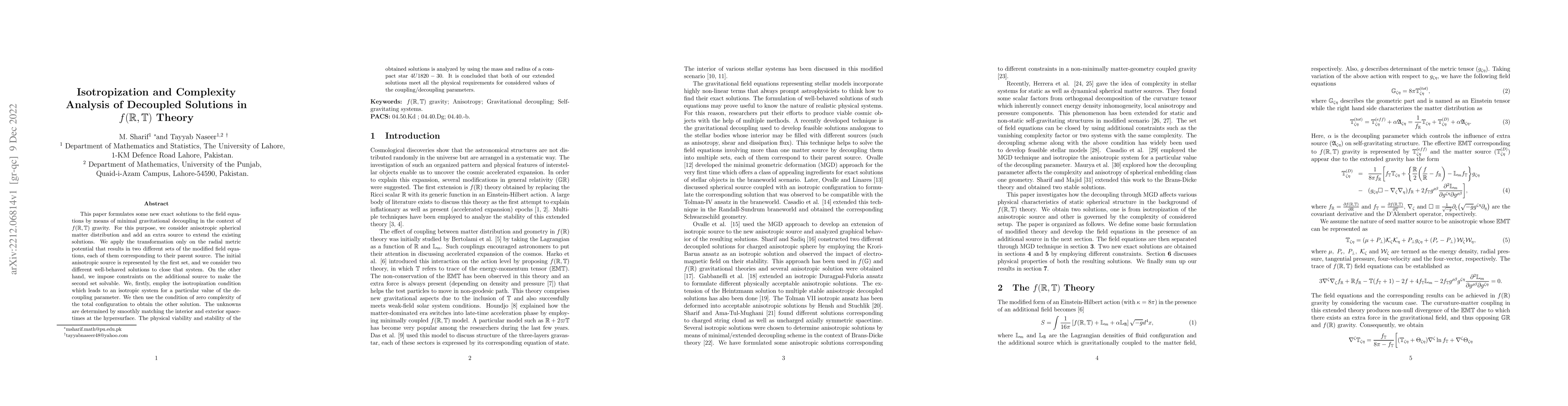 Thumbnail for Isotropization and Complexity Analysis of Decoupled Solutions in
  $f(\mathbb{R},\mathbb{T})$ Theory