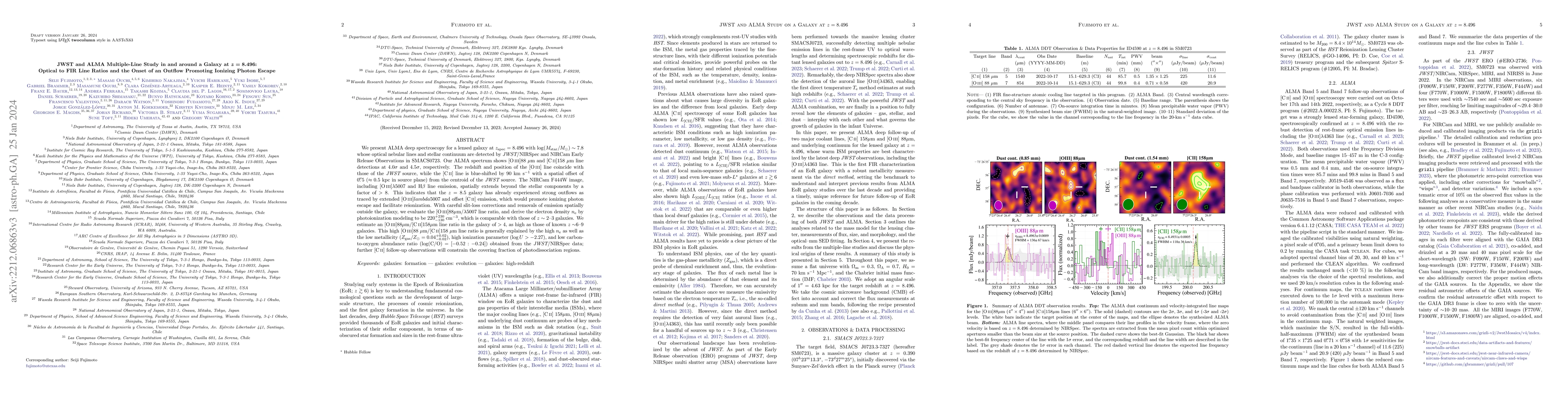 Thumbnail for JWST and ALMA Multiple-Line Study in and around a Galaxy at $z=8.496$:
  Optical to FIR Line Ratios and the Onset of an Outflow Promoting Ionizing
  Photon Escape