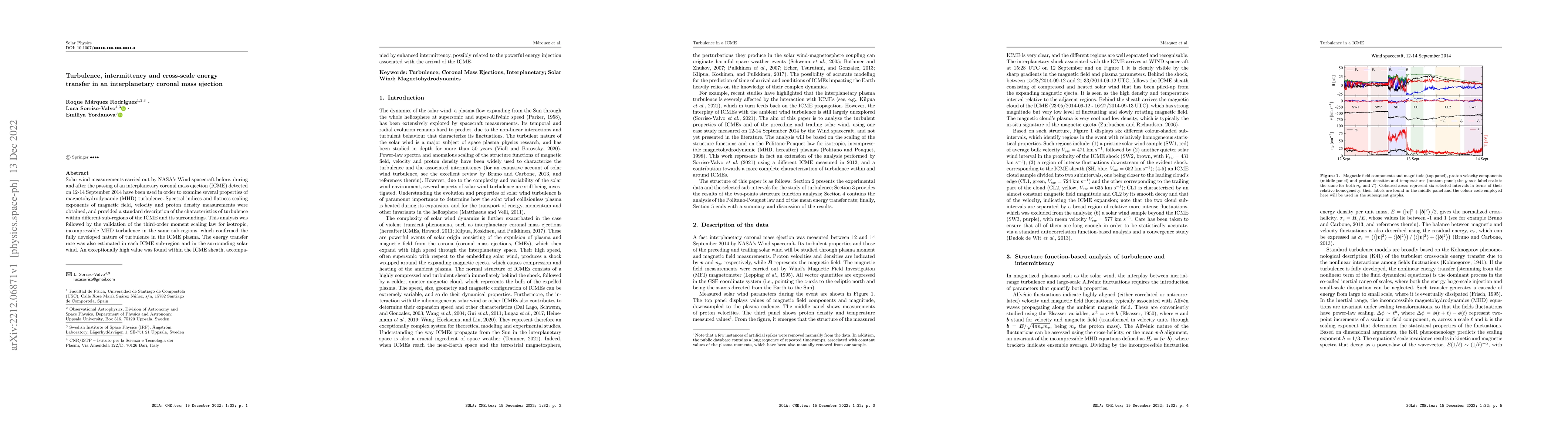 Thumbnail for Turbulence, intermittency and cross-scale energy transfer in an
  interplanetary coronal mass ejection
