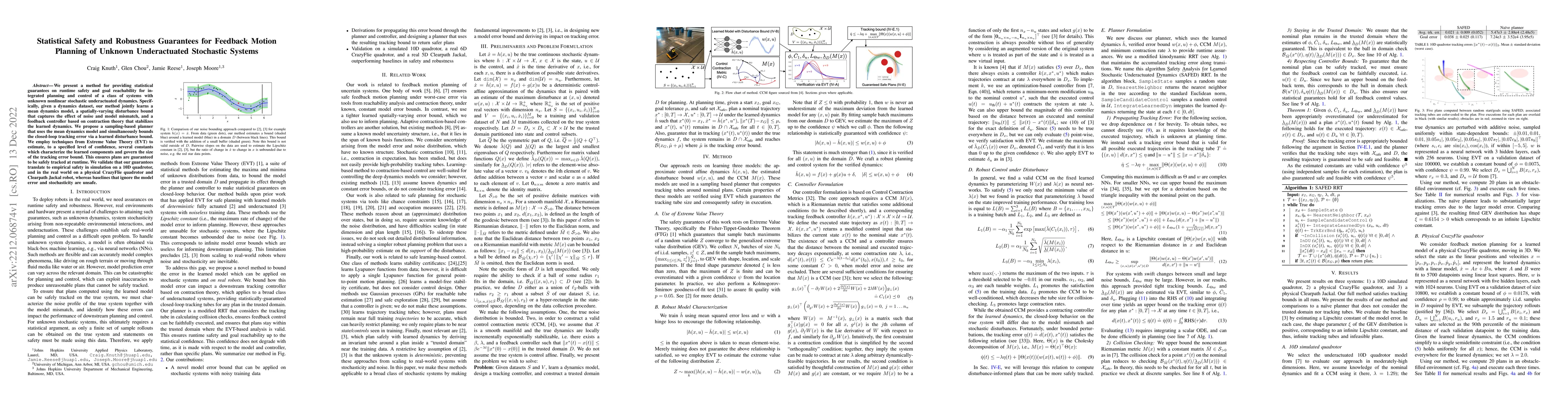 Thumbnail for Statistical Safety and Robustness Guarantees for Feedback Motion
  Planning of Unknown Underactuated Stochastic Systems