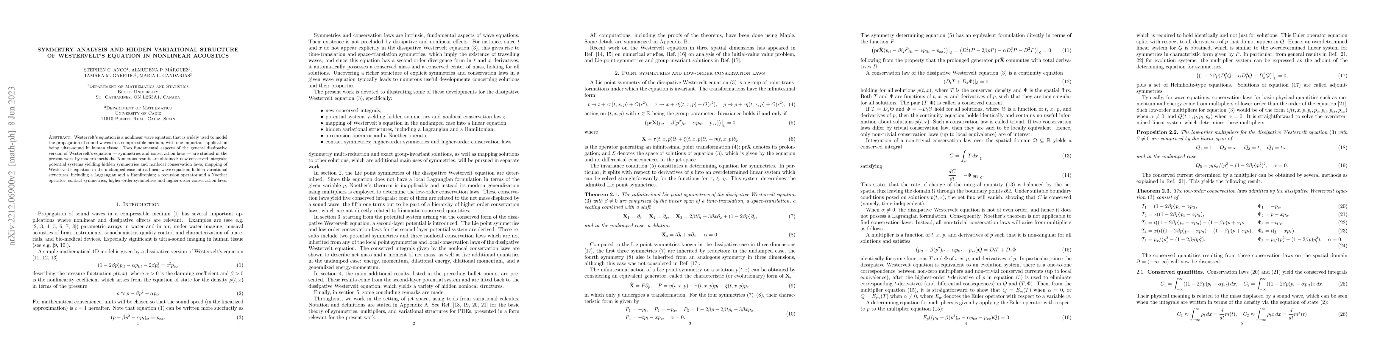 Thumbnail for Symmetry analysis and hidden variational structure of Westervelt's
  equation in nonlinear acoustics